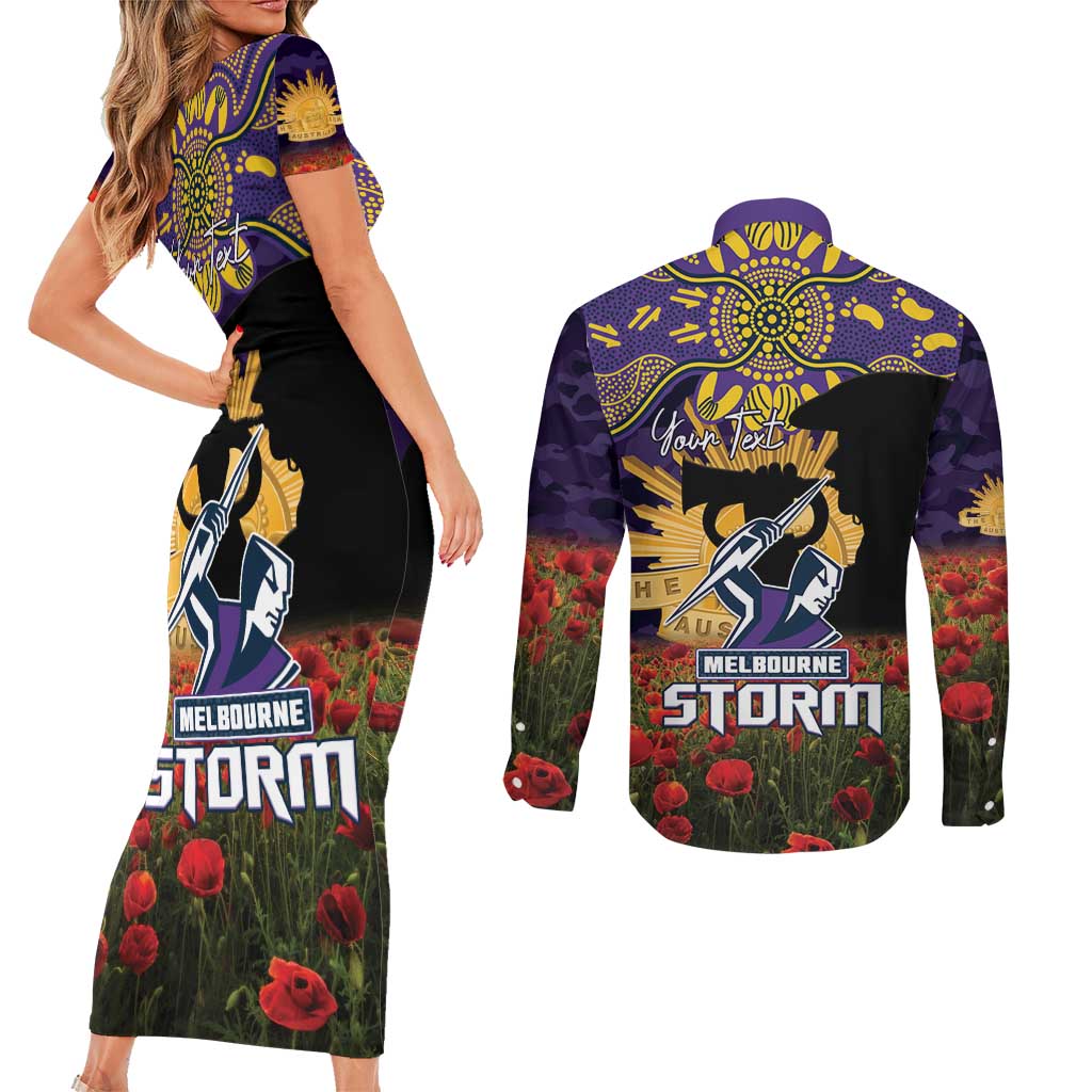 Personalised Melbourne Storm Rugby ANZAC Day Couples Matching Short Sleeve Bodycon Dress and Long Sleeve Button Shirt Last Post Poppy We Will Remember Them