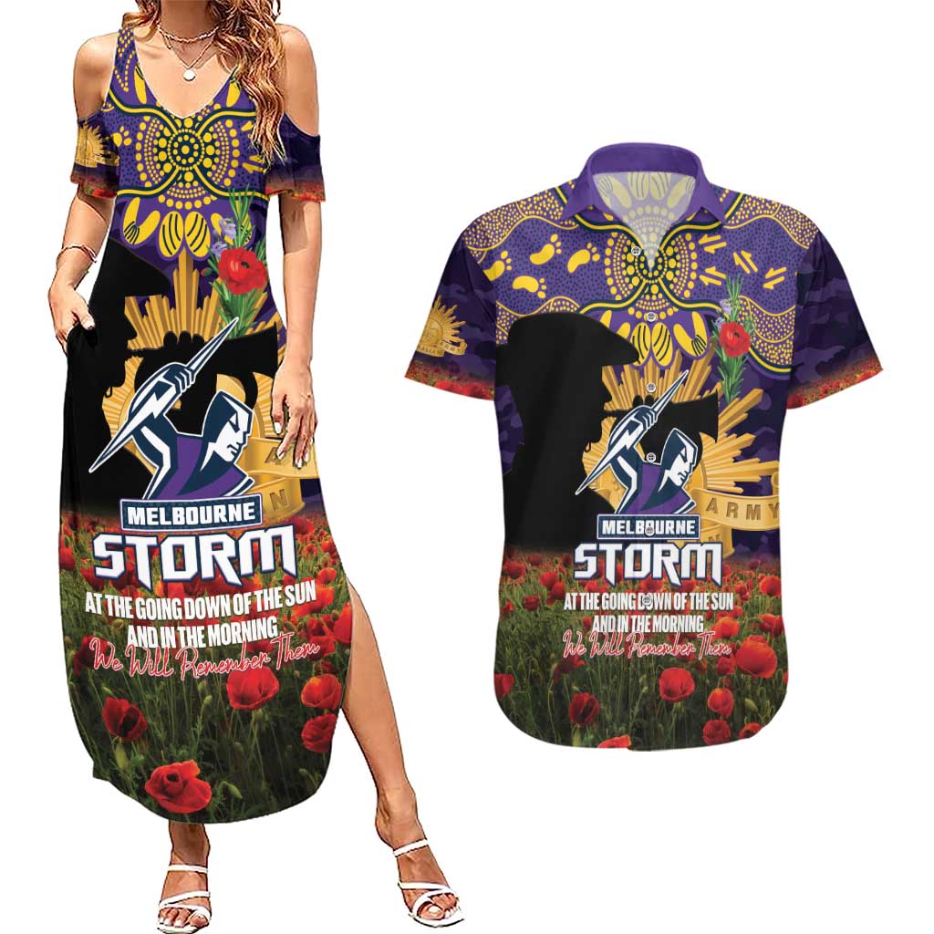 Personalised Melbourne Storm Rugby ANZAC Day Couples Matching Summer Maxi Dress and Hawaiian Shirt Last Post Poppy We Will Remember Them
