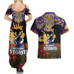 Personalised Melbourne Storm Rugby ANZAC Day Couples Matching Summer Maxi Dress and Hawaiian Shirt Last Post Poppy We Will Remember Them