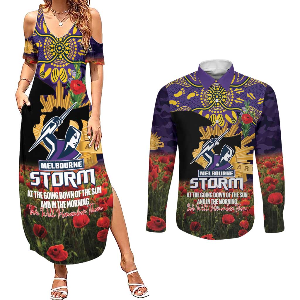 Personalised Melbourne Storm Rugby ANZAC Day Couples Matching Summer Maxi Dress and Long Sleeve Button Shirt Last Post Poppy We Will Remember Them