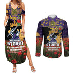 Personalised Melbourne Storm Rugby ANZAC Day Couples Matching Summer Maxi Dress and Long Sleeve Button Shirt Last Post Poppy We Will Remember Them