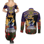 Personalised Melbourne Storm Rugby ANZAC Day Couples Matching Summer Maxi Dress and Long Sleeve Button Shirt Last Post Poppy We Will Remember Them