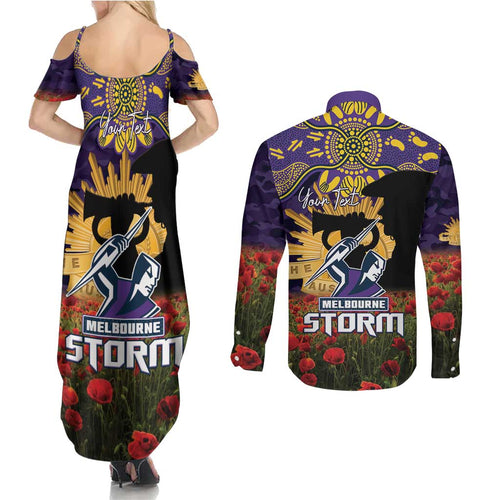 Personalised Melbourne Storm Rugby ANZAC Day Couples Matching Summer Maxi Dress and Long Sleeve Button Shirt Last Post Poppy We Will Remember Them