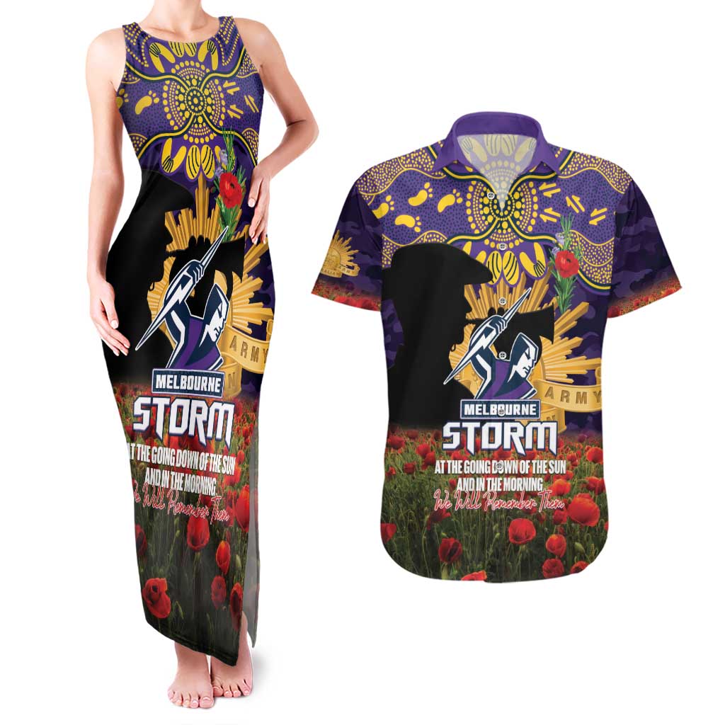 Personalised Melbourne Storm Rugby ANZAC Day Couples Matching Tank Maxi Dress and Hawaiian Shirt Last Post Poppy We Will Remember Them