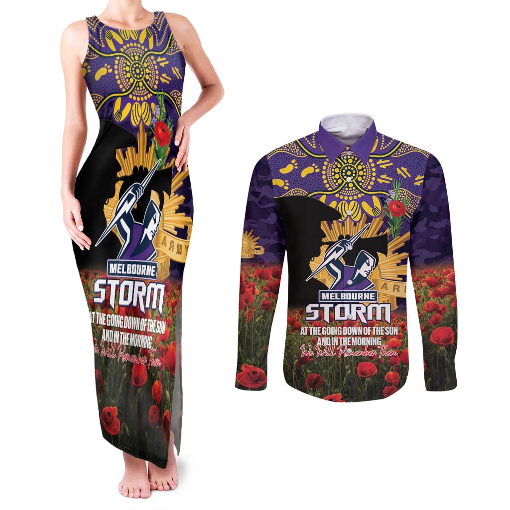 Personalised Melbourne Storm Rugby ANZAC Day Couples Matching Tank Maxi Dress and Long Sleeve Button Shirt Last Post Poppy We Will Remember Them