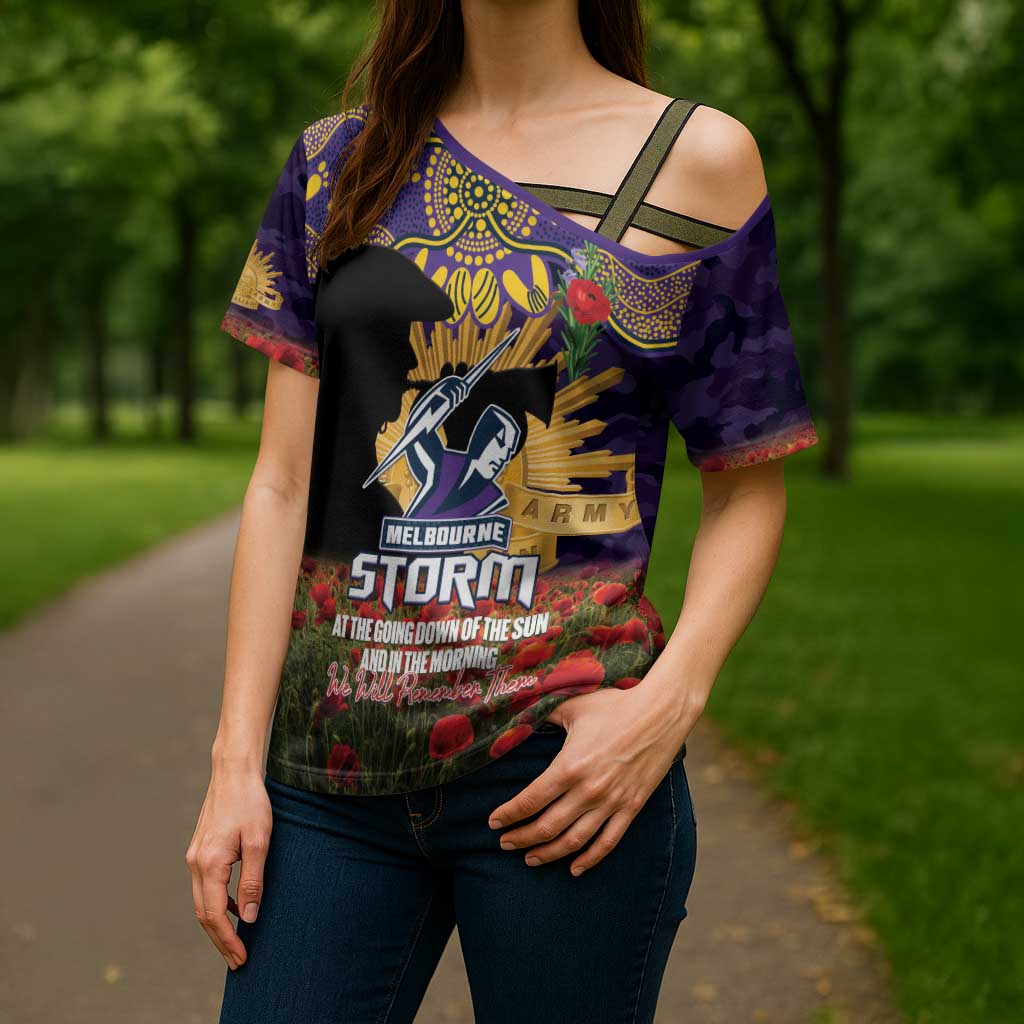Personalised Melbourne Storm Rugby ANZAC Day Cross Shoulder Shirt Last Post Poppy We Will Remember Them