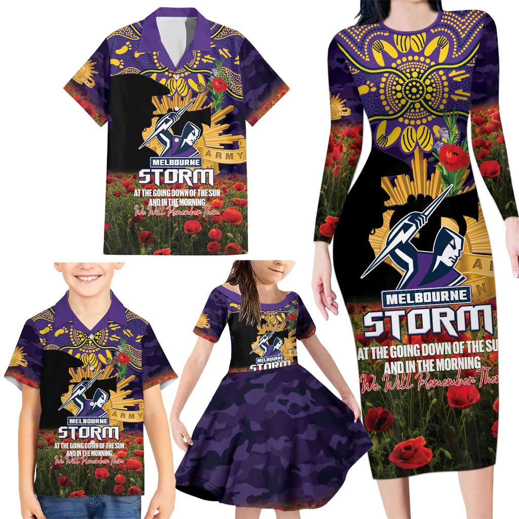 Personalised Melbourne Storm Rugby ANZAC Day Family Matching Long Sleeve Bodycon Dress and Hawaiian Shirt Last Post Poppy We Will Remember Them