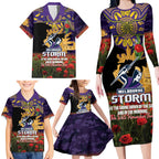 Personalised Melbourne Storm Rugby ANZAC Day Family Matching Long Sleeve Bodycon Dress and Hawaiian Shirt Last Post Poppy We Will Remember Them