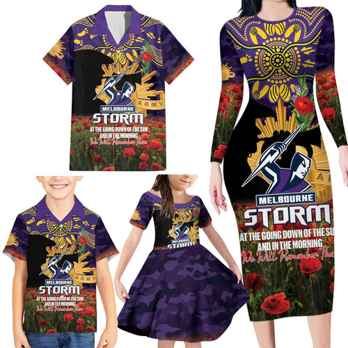 Personalised Melbourne Storm Rugby ANZAC Day Family Matching Long Sleeve Bodycon Dress and Hawaiian Shirt Last Post Poppy We Will Remember Them