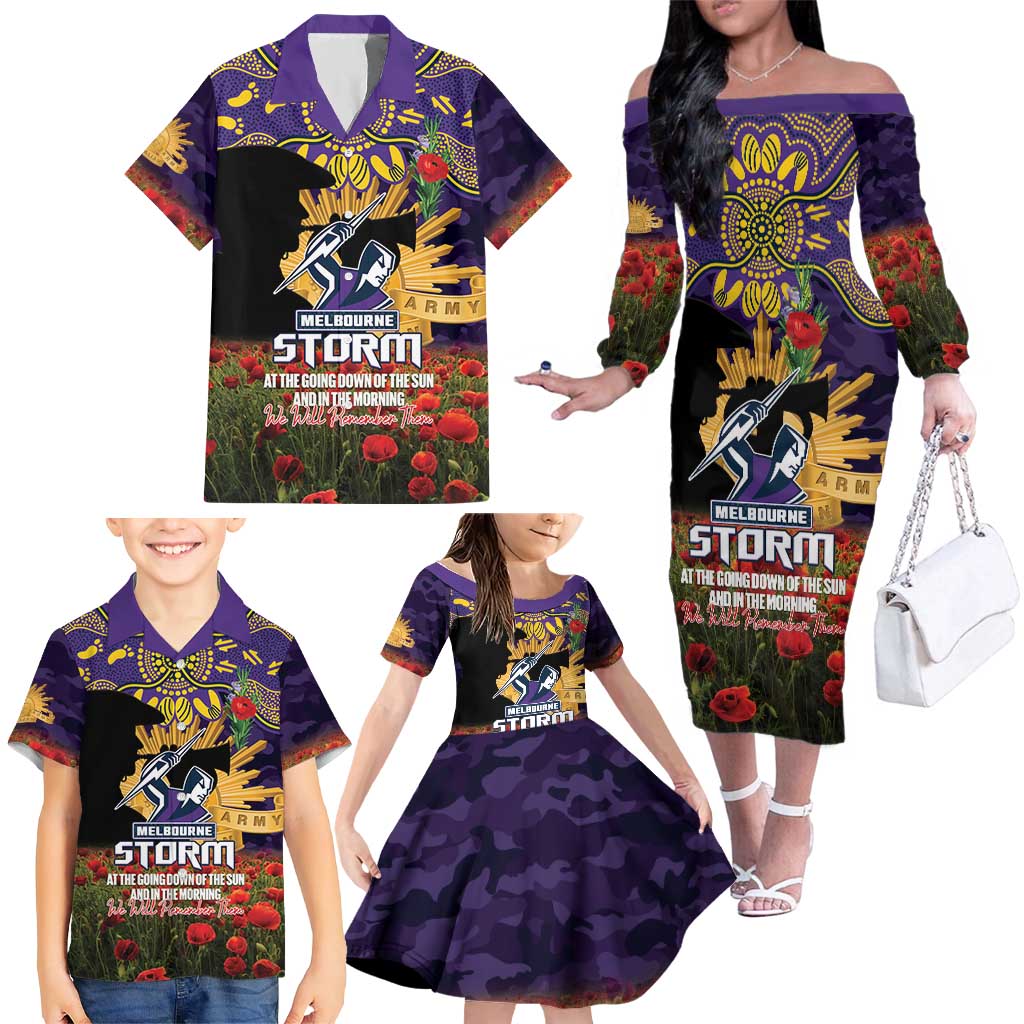Personalised Melbourne Storm Rugby ANZAC Day Family Matching Off The Shoulder Long Sleeve Dress and Hawaiian Shirt Last Post Poppy We Will Remember Them