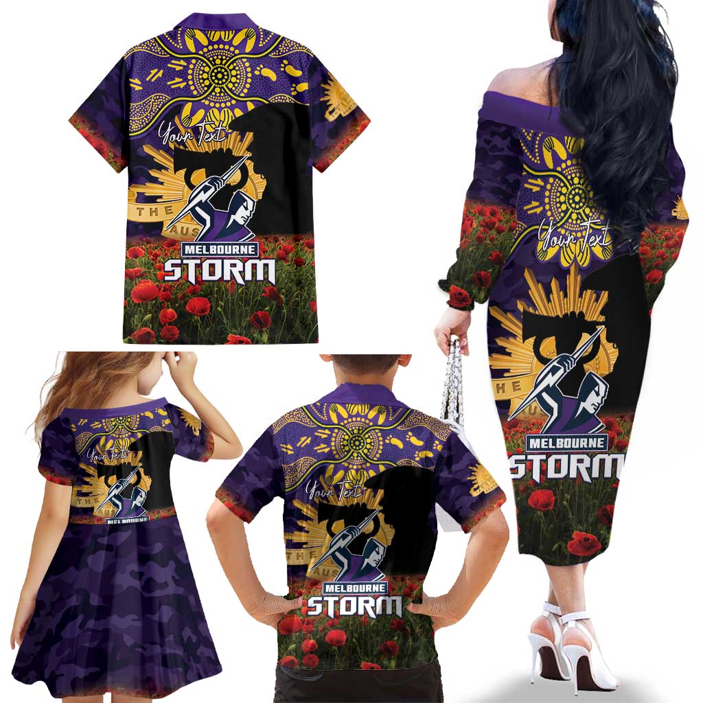 Personalised Melbourne Storm Rugby ANZAC Day Family Matching Off The Shoulder Long Sleeve Dress and Hawaiian Shirt Last Post Poppy We Will Remember Them