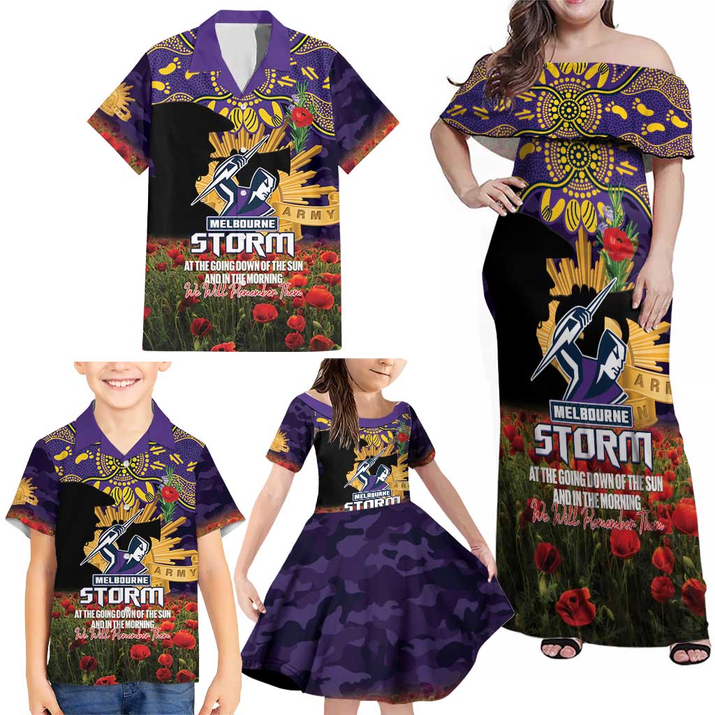 Personalised Melbourne Storm Rugby ANZAC Day Family Matching Off Shoulder Maxi Dress and Hawaiian Shirt Last Post Poppy We Will Remember Them