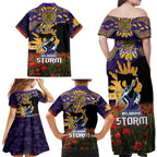 Personalised Melbourne Storm Rugby ANZAC Day Family Matching Off Shoulder Maxi Dress and Hawaiian Shirt Last Post Poppy We Will Remember Them