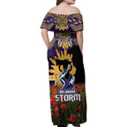 Personalised Melbourne Storm Rugby ANZAC Day Family Matching Off Shoulder Maxi Dress and Hawaiian Shirt Last Post Poppy We Will Remember Them