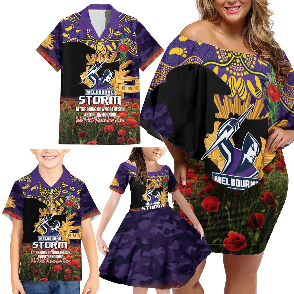 Personalised Melbourne Storm Rugby ANZAC Day Family Matching Off Shoulder Short Dress and Hawaiian Shirt Last Post Poppy We Will Remember Them