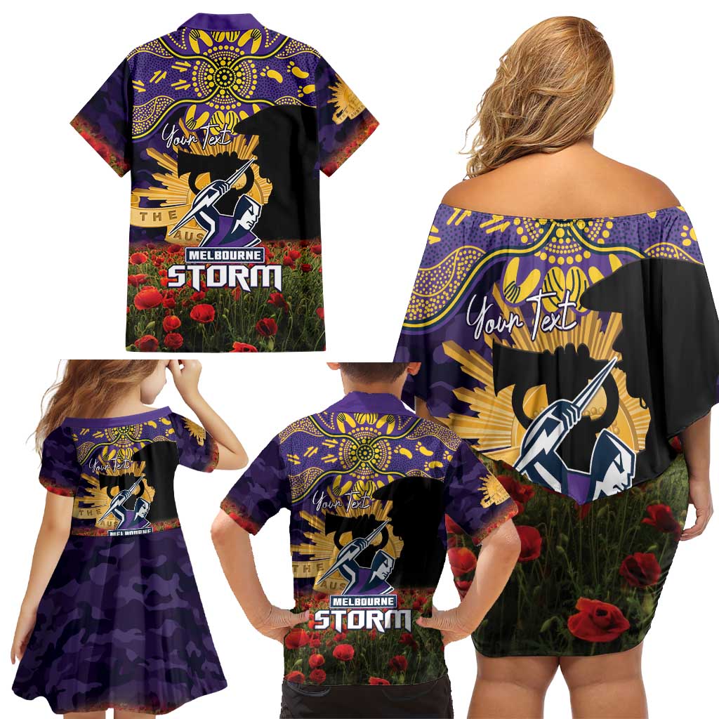 Personalised Melbourne Storm Rugby ANZAC Day Family Matching Off Shoulder Short Dress and Hawaiian Shirt Last Post Poppy We Will Remember Them