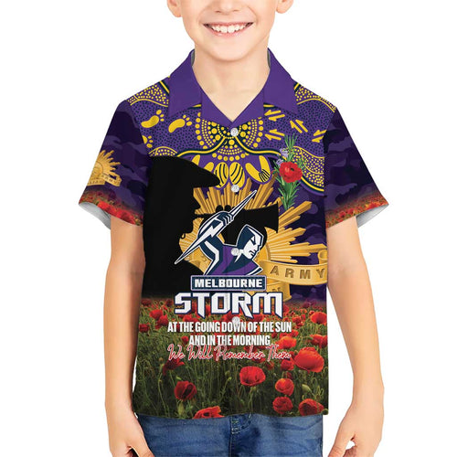 Personalised Melbourne Storm Rugby ANZAC Day Family Matching Off Shoulder Short Dress and Hawaiian Shirt Last Post Poppy We Will Remember Them