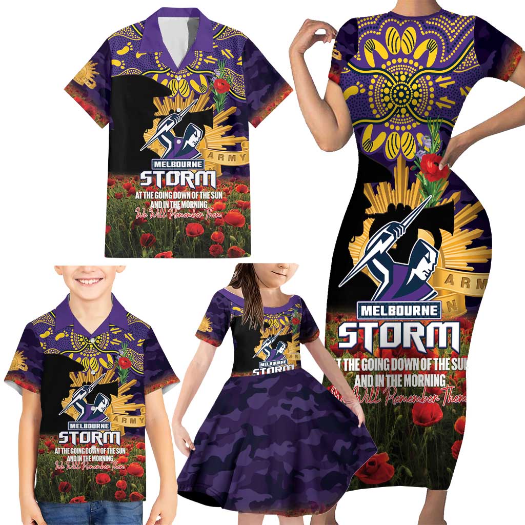 Personalised Melbourne Storm Rugby ANZAC Day Family Matching Short Sleeve Bodycon Dress and Hawaiian Shirt Last Post Poppy We Will Remember Them
