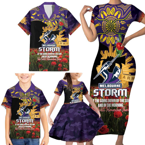 Personalised Melbourne Storm Rugby ANZAC Day Family Matching Short Sleeve Bodycon Dress and Hawaiian Shirt Last Post Poppy We Will Remember Them