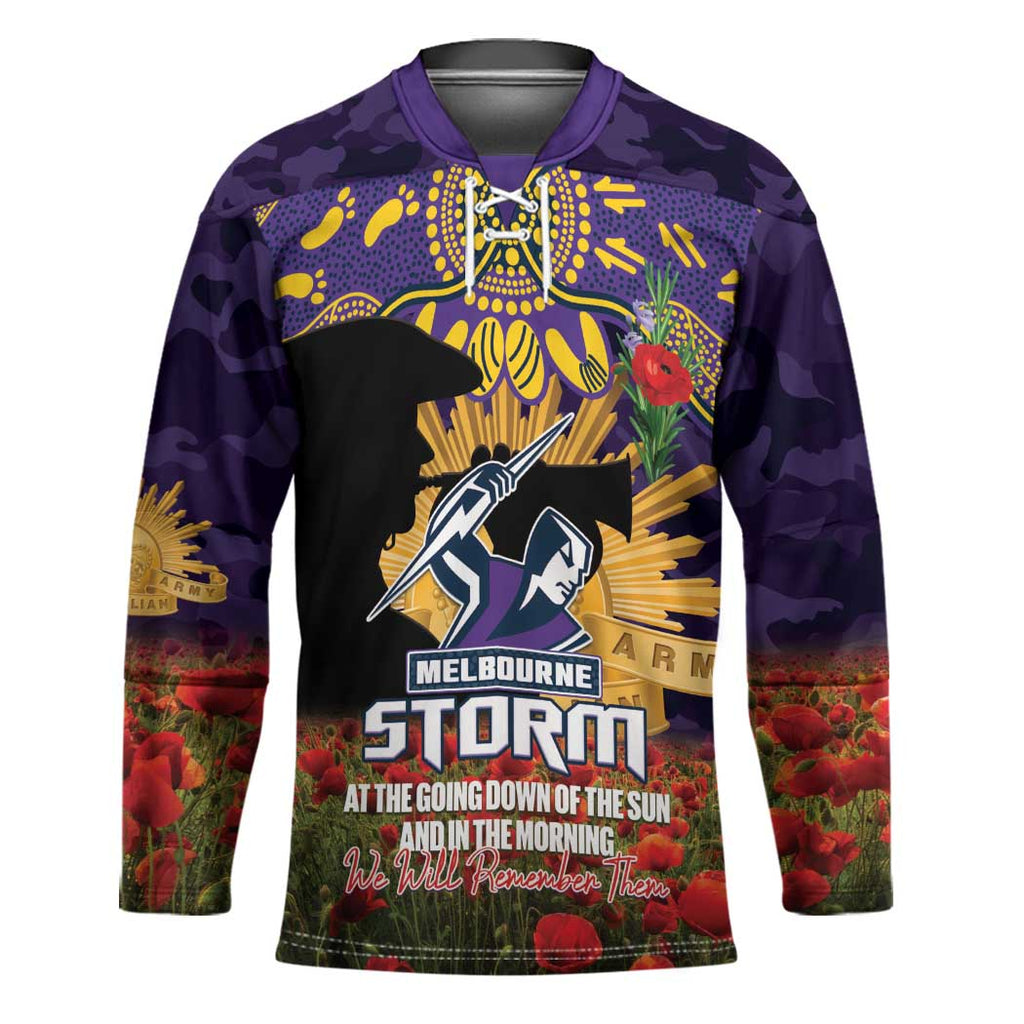 Personalised Melbourne Storm Rugby ANZAC Day Hockey Jersey Last Post Poppy We Will Remember Them