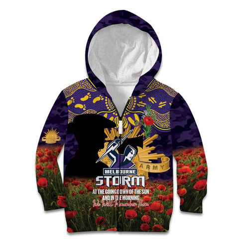 Personalised Melbourne Storm Rugby ANZAC Day Kid Hoodie Last Post Poppy We Will Remember Them