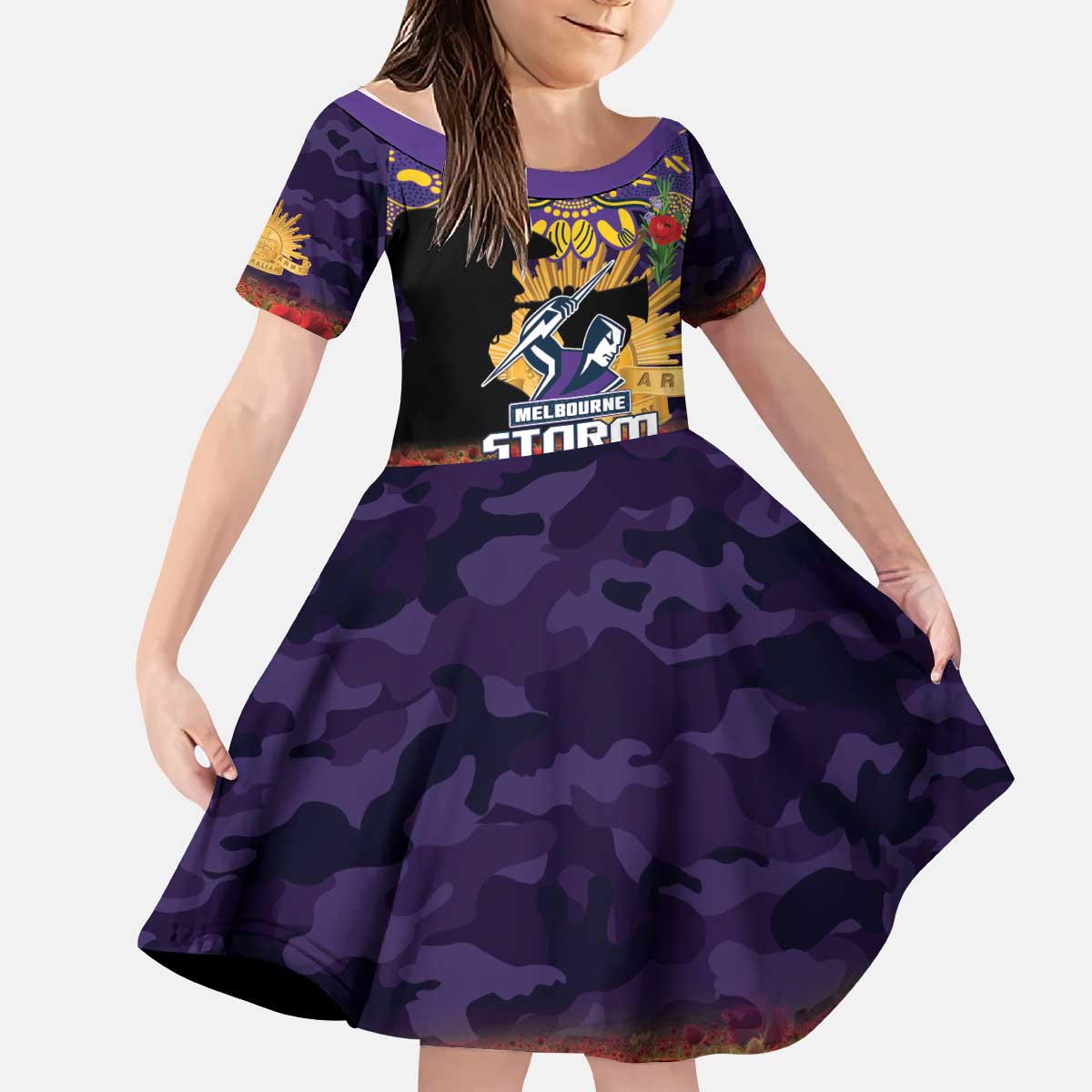 Personalised Melbourne Storm Rugby ANZAC Day Kid Short Sleeve Dress Last Post Poppy We Will Remember Them