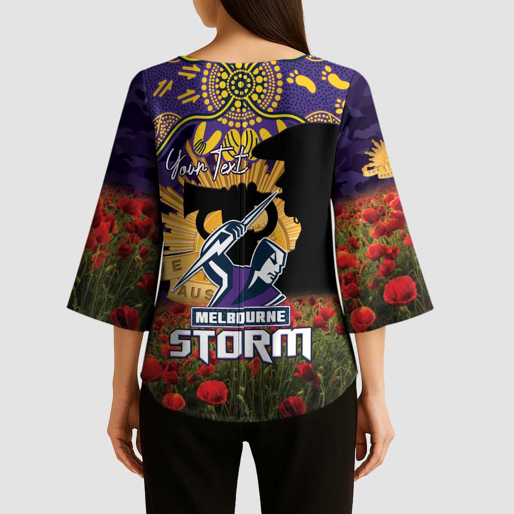 Personalised Melbourne Storm Rugby ANZAC Day Kimono Sleeve Blouse Last Post Poppy We Will Remember Them