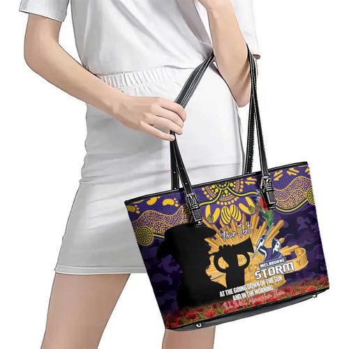Personalised Melbourne Storm Rugby ANZAC Day Leather Tote Bag Last Post Poppy We Will Remember Them