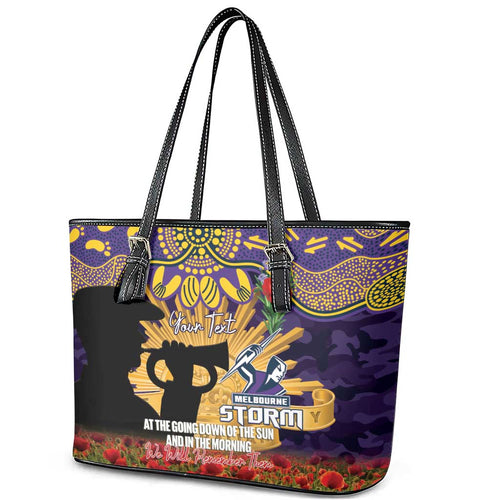 Personalised Melbourne Storm Rugby ANZAC Day Leather Tote Bag Last Post Poppy We Will Remember Them