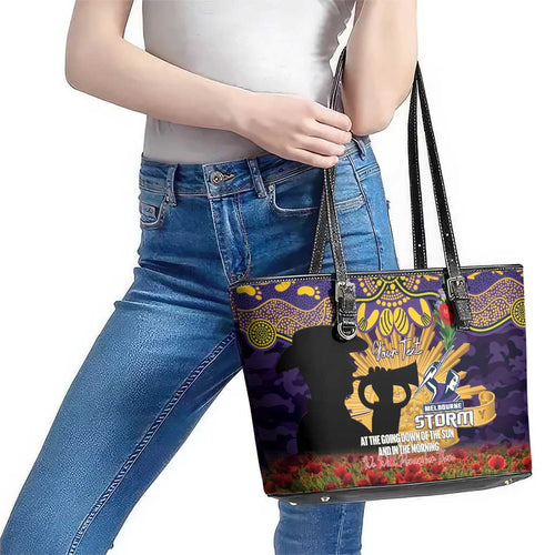 Personalised Melbourne Storm Rugby ANZAC Day Leather Tote Bag Last Post Poppy We Will Remember Them