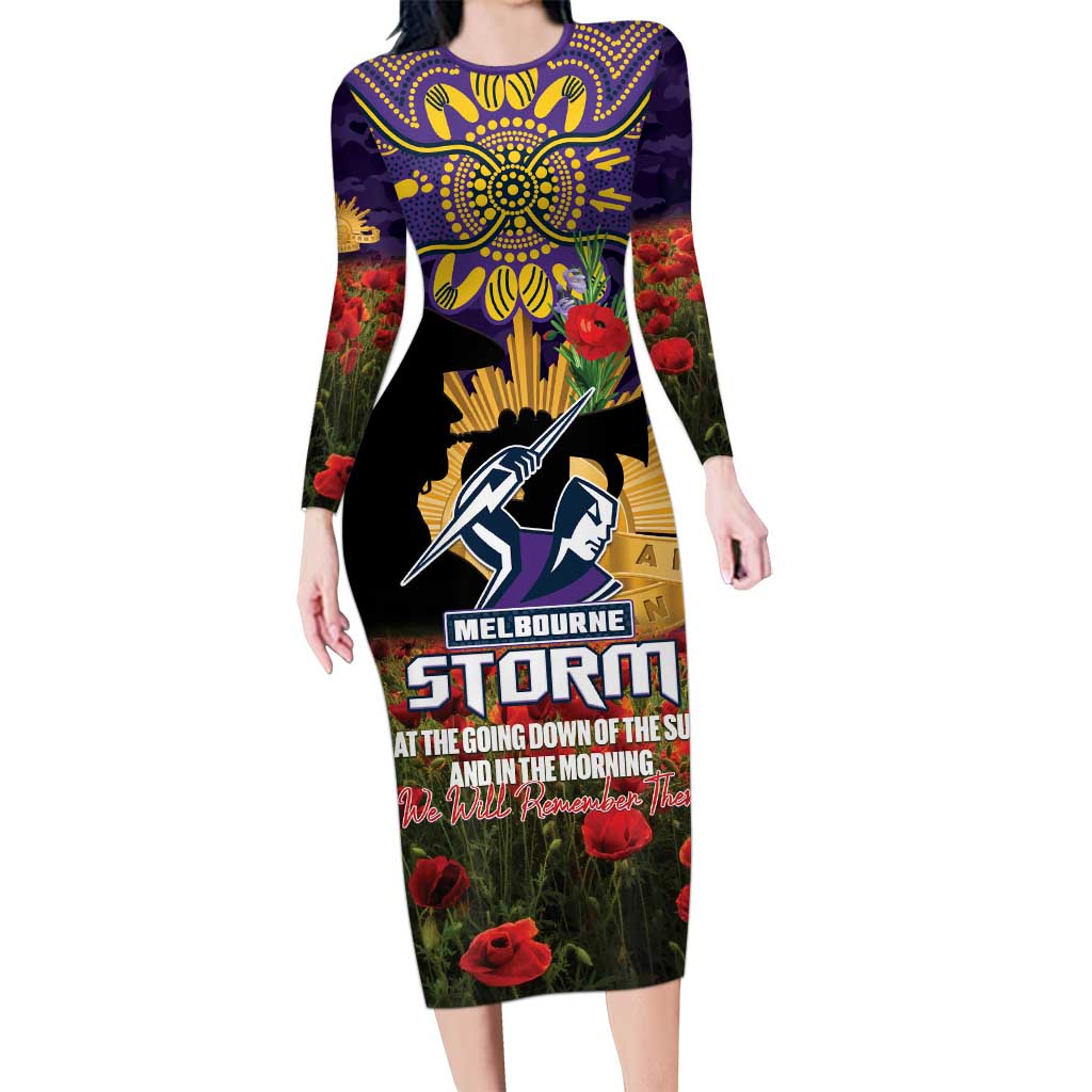 Personalised Melbourne Storm Rugby ANZAC Day Long Sleeve Bodycon Dress Last Post Poppy We Will Remember Them