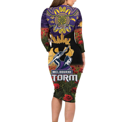 Personalised Melbourne Storm Rugby ANZAC Day Long Sleeve Bodycon Dress Last Post Poppy We Will Remember Them