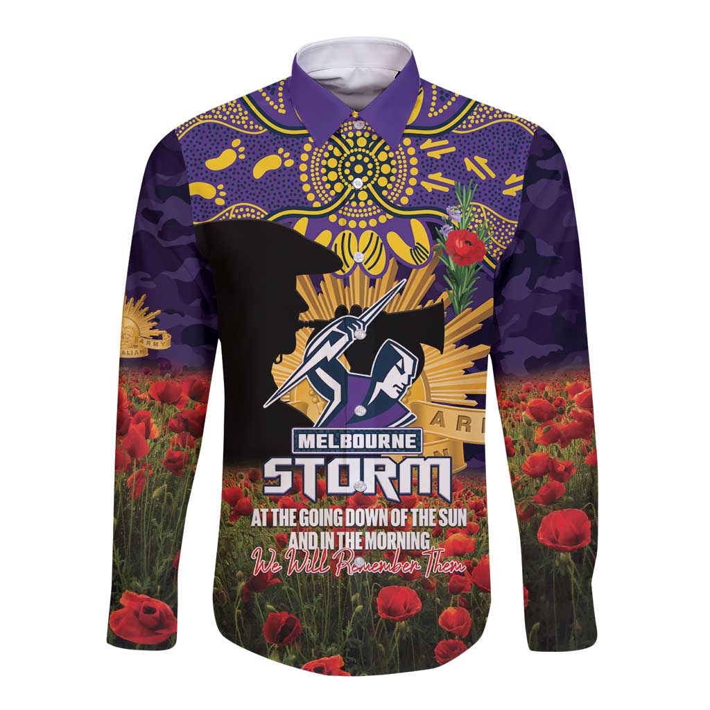 Personalised Melbourne Storm Rugby ANZAC Day Long Sleeve Button Shirt Last Post Poppy We Will Remember Them