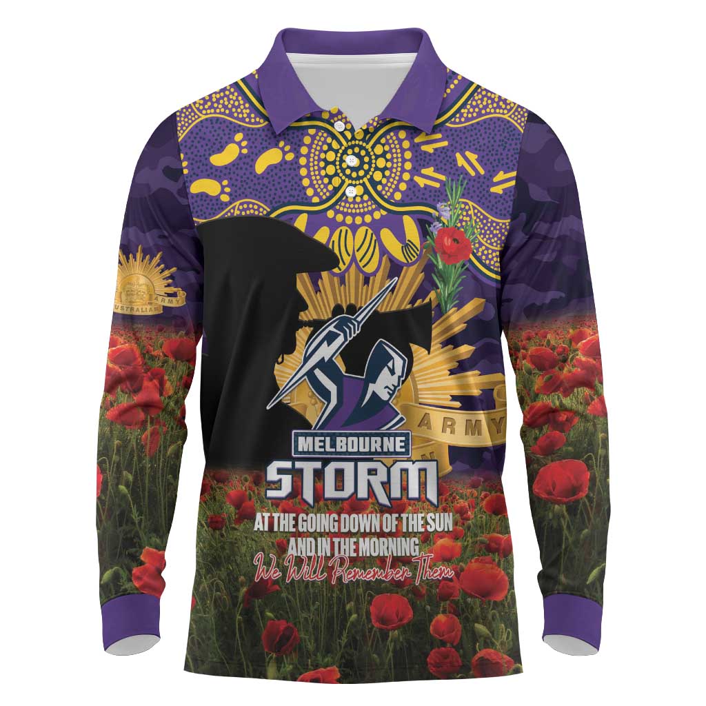 Personalised Melbourne Storm Rugby ANZAC Day Long Sleeve Polo Shirt Last Post Poppy We Will Remember Them