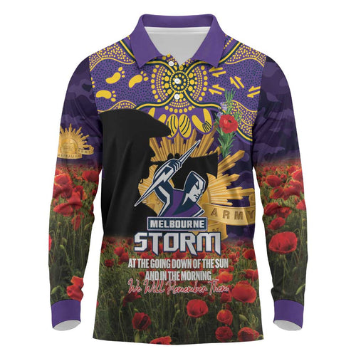 Personalised Melbourne Storm Rugby ANZAC Day Long Sleeve Polo Shirt Last Post Poppy We Will Remember Them