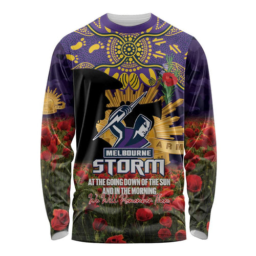 Personalised Melbourne Storm Rugby ANZAC Day Long Sleeve Shirt Last Post Poppy We Will Remember Them