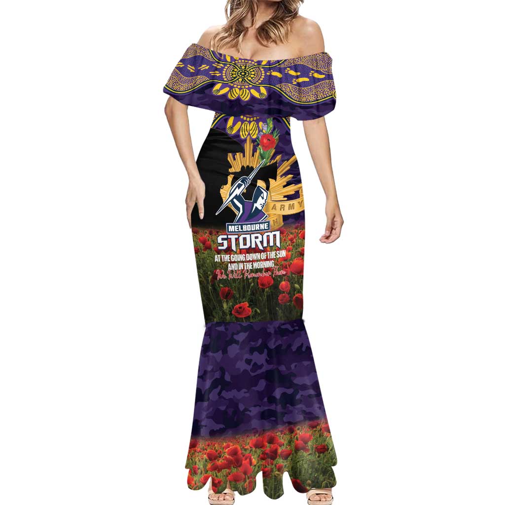 Personalised Melbourne Storm Rugby ANZAC Day Mermaid Dress Last Post Poppy We Will Remember Them