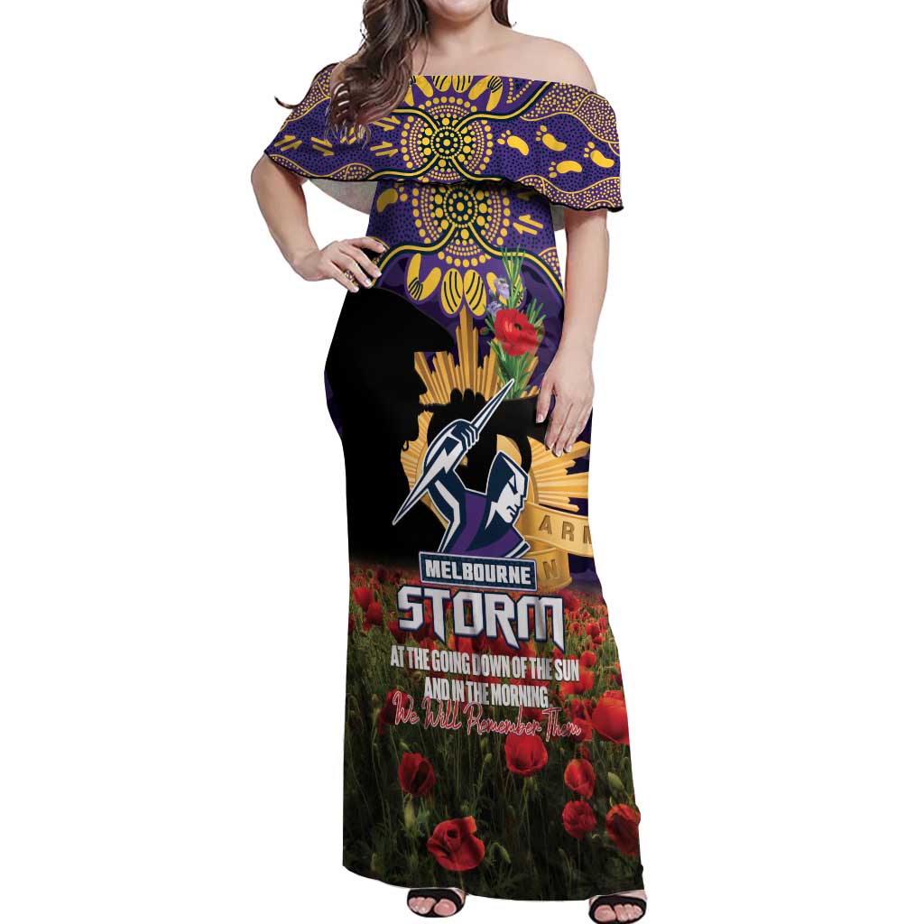 Personalised Melbourne Storm Rugby ANZAC Day Off Shoulder Maxi Dress Last Post Poppy We Will Remember Them