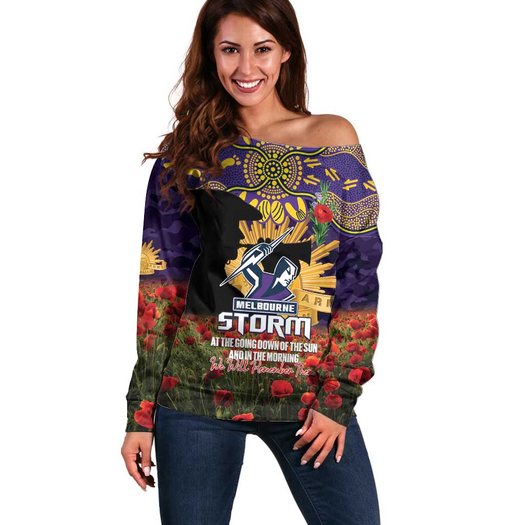 Personalised Melbourne Storm Rugby ANZAC Day Off Shoulder Sweater Last Post Poppy We Will Remember Them