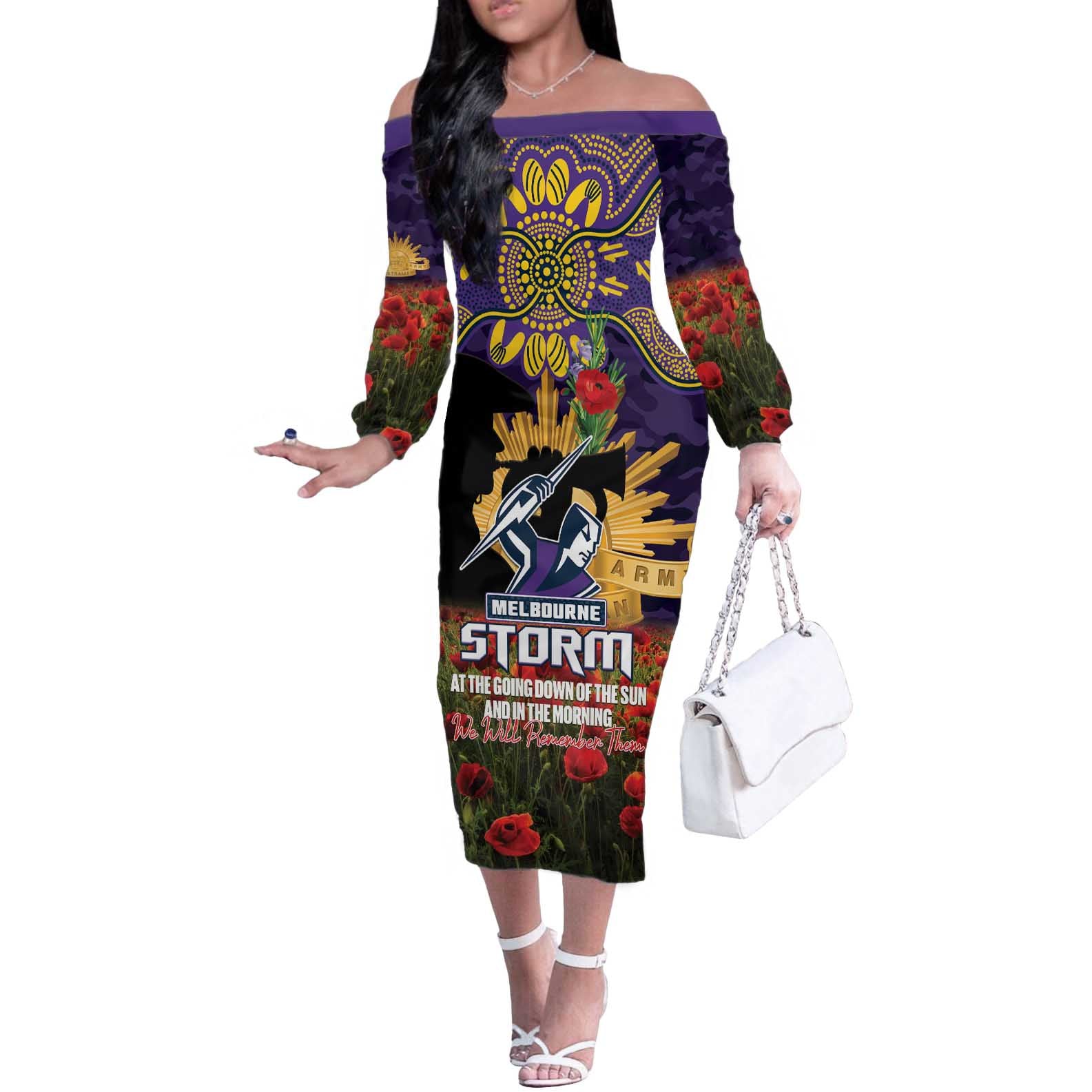 Personalised Melbourne Storm Rugby ANZAC Day Off The Shoulder Long Sleeve Dress Last Post Poppy We Will Remember Them