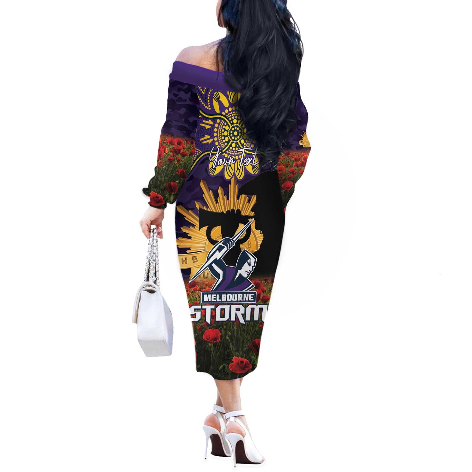 Personalised Melbourne Storm Rugby ANZAC Day Off The Shoulder Long Sleeve Dress Last Post Poppy We Will Remember Them