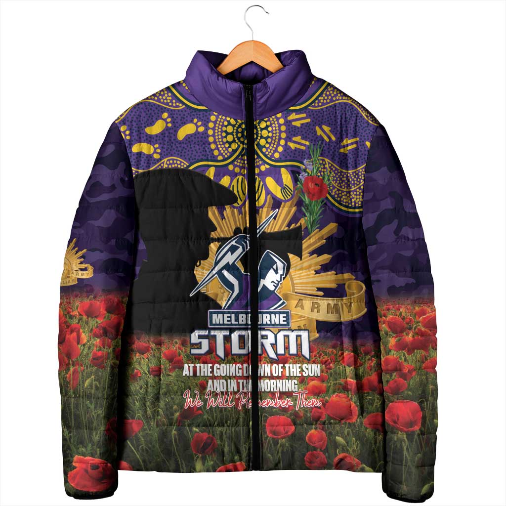 Personalised Melbourne Storm Rugby ANZAC Day Padded Jacket Last Post Poppy We Will Remember Them