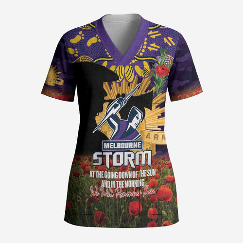 Personalised Melbourne Storm Rugby ANZAC Day Scrub Top Last Post Poppy We Will Remember Them