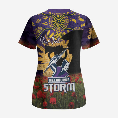 Personalised Melbourne Storm Rugby ANZAC Day Scrub Top Last Post Poppy We Will Remember Them