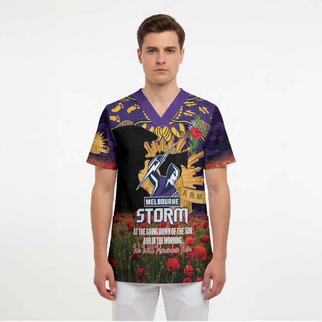 Personalised Melbourne Storm Rugby ANZAC Day Scrub Top Last Post Poppy We Will Remember Them