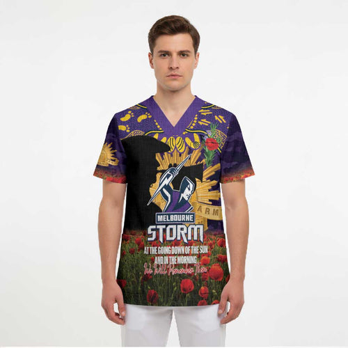 Personalised Melbourne Storm Rugby ANZAC Day Scrub Top Last Post Poppy We Will Remember Them