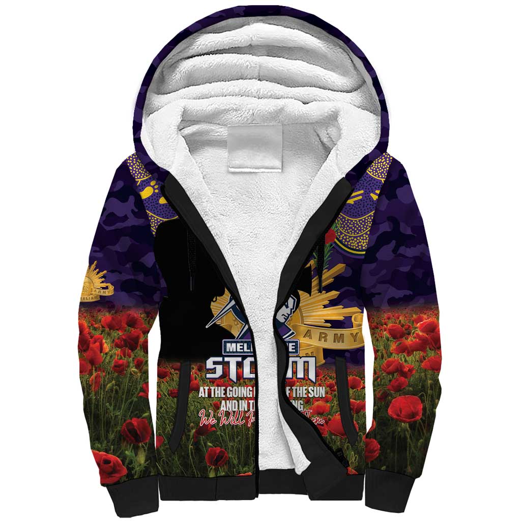 Personalised Melbourne Storm Rugby ANZAC Day Sherpa Hoodie Last Post Poppy We Will Remember Them