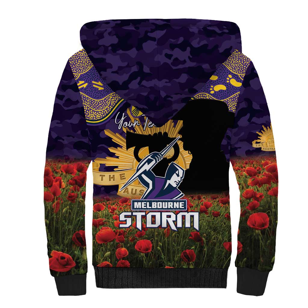 Personalised Melbourne Storm Rugby ANZAC Day Sherpa Hoodie Last Post Poppy We Will Remember Them