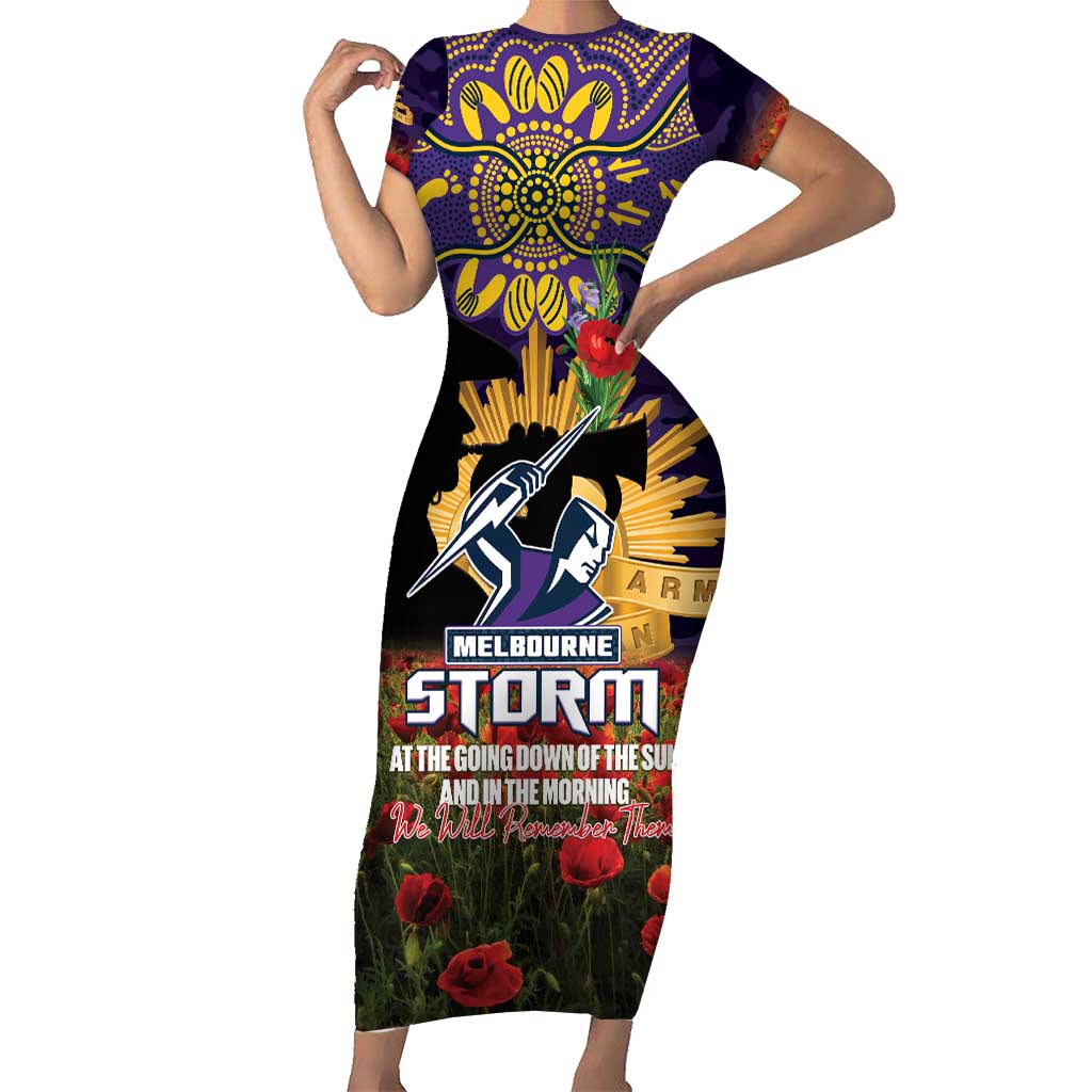 Personalised Melbourne Storm Rugby ANZAC Day Short Sleeve Bodycon Dress Last Post Poppy We Will Remember Them