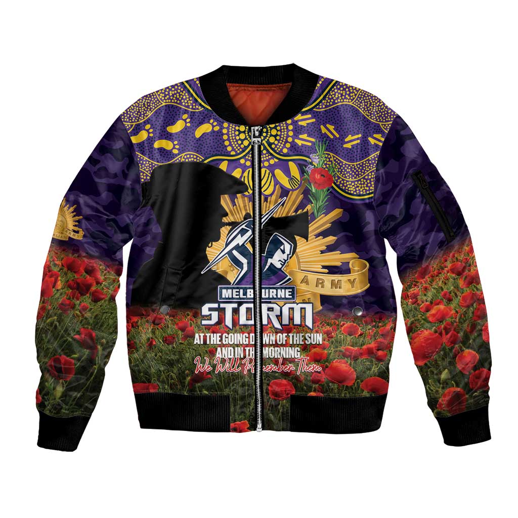 Personalised Melbourne Storm Rugby ANZAC Day Sleeve Zip Bomber Jacket Last Post Poppy We Will Remember Them